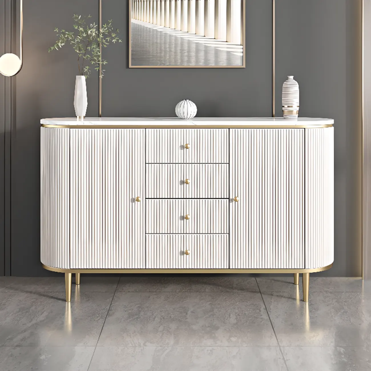 Modern White Stone Oval Storage Cabinet for Living Room Image - 1 | homeyfad