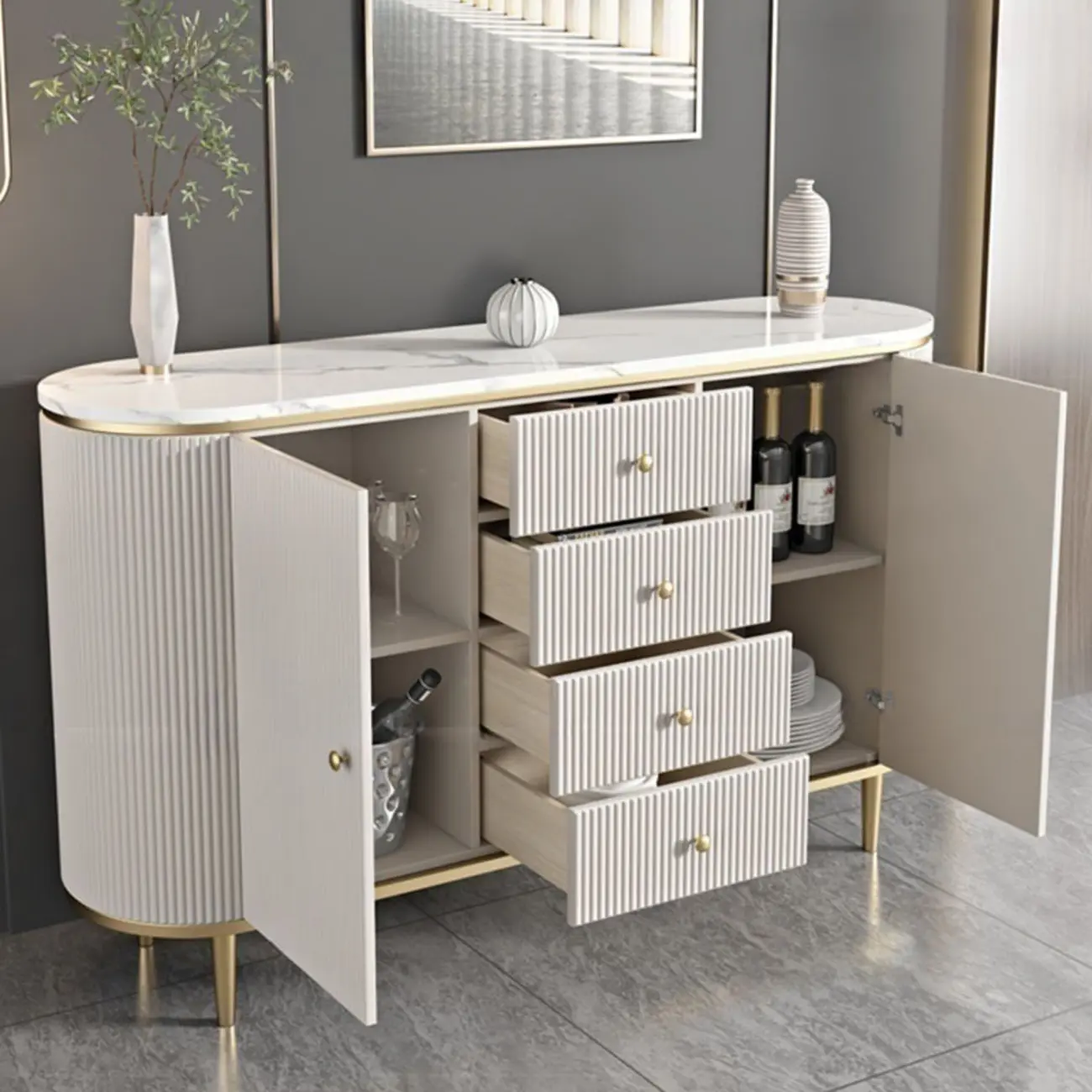 Modern White Stone Oval Storage Cabinet for Living Room Image - 2 | homeyfad