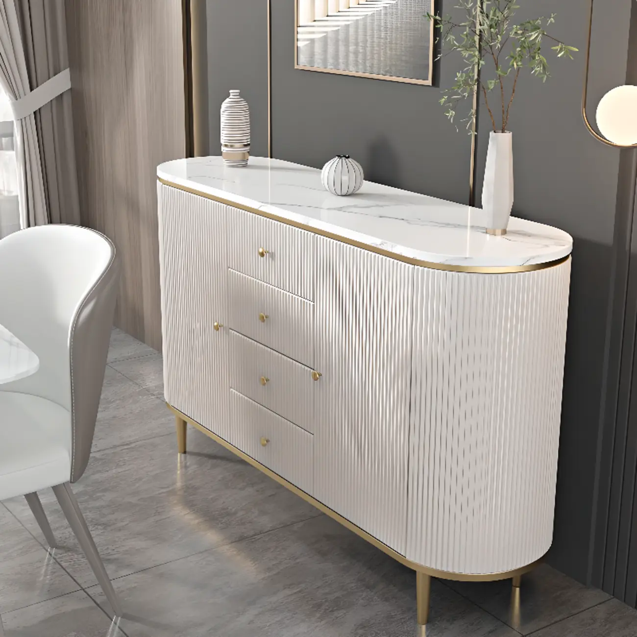 Modern White Stone Oval Storage Cabinet for Living Room Image - 3 | homeyfad