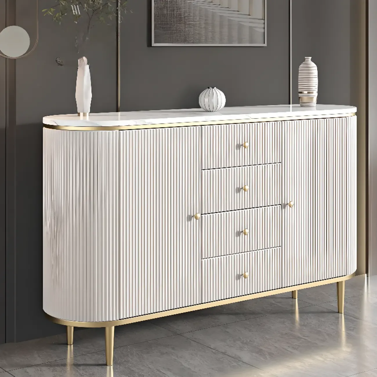 Modern White Stone Oval Storage Cabinet for Living Room Image - 4