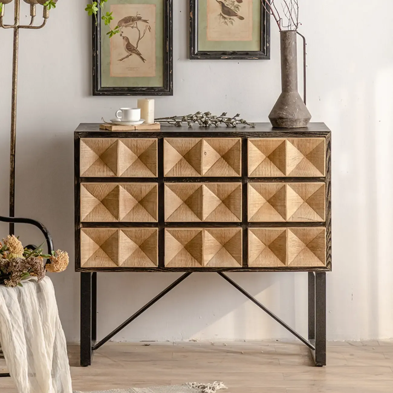 Rustic Wooden Console Table with Drawers and Trims Image - 1
