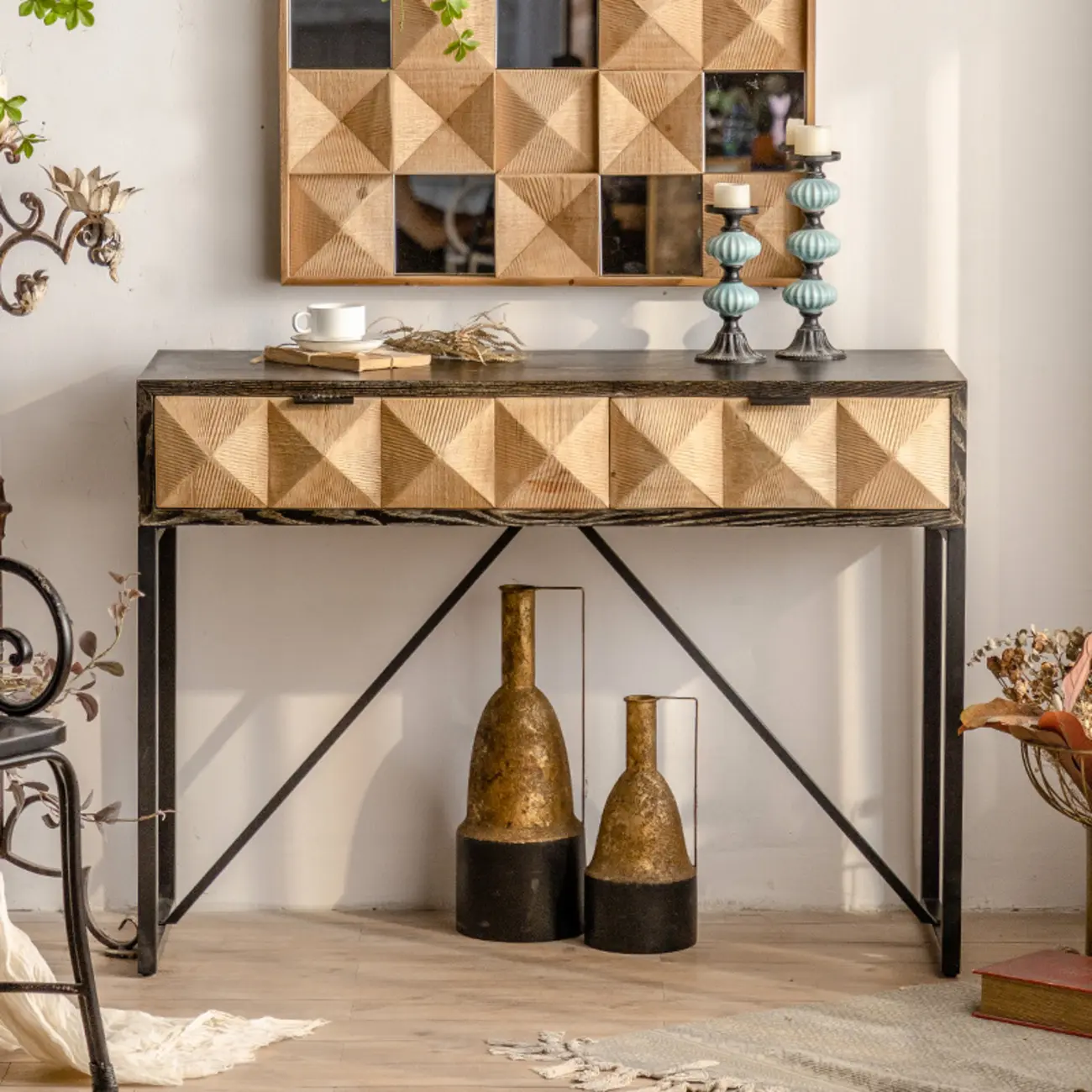 Rustic Wooden Console Table with Drawers and Trims Image - 4 | homeyfad