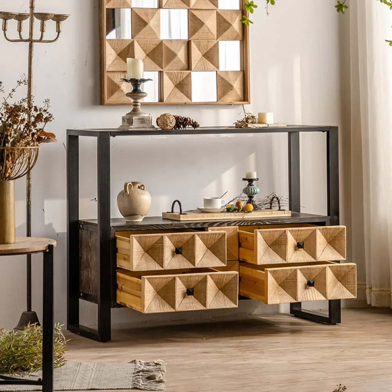 Rustic Wooden Console Table with Drawers and Trims Image - 6
