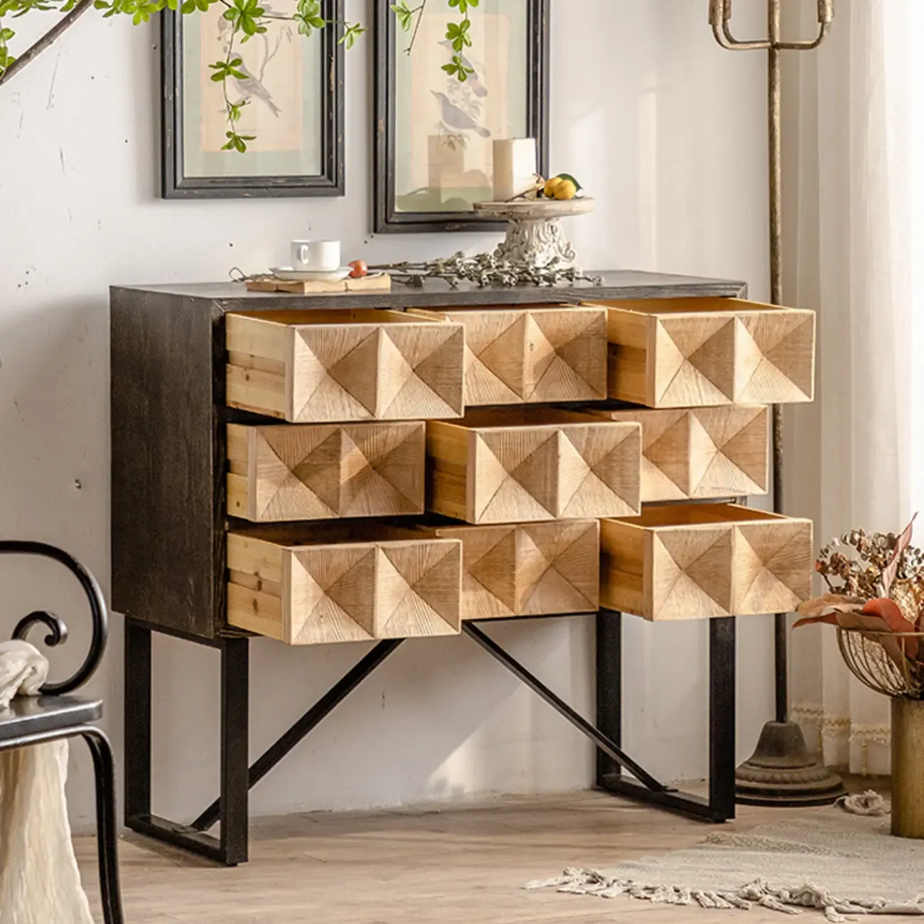 Rustic Wooden Console Table with Drawers and Trims Image - 8