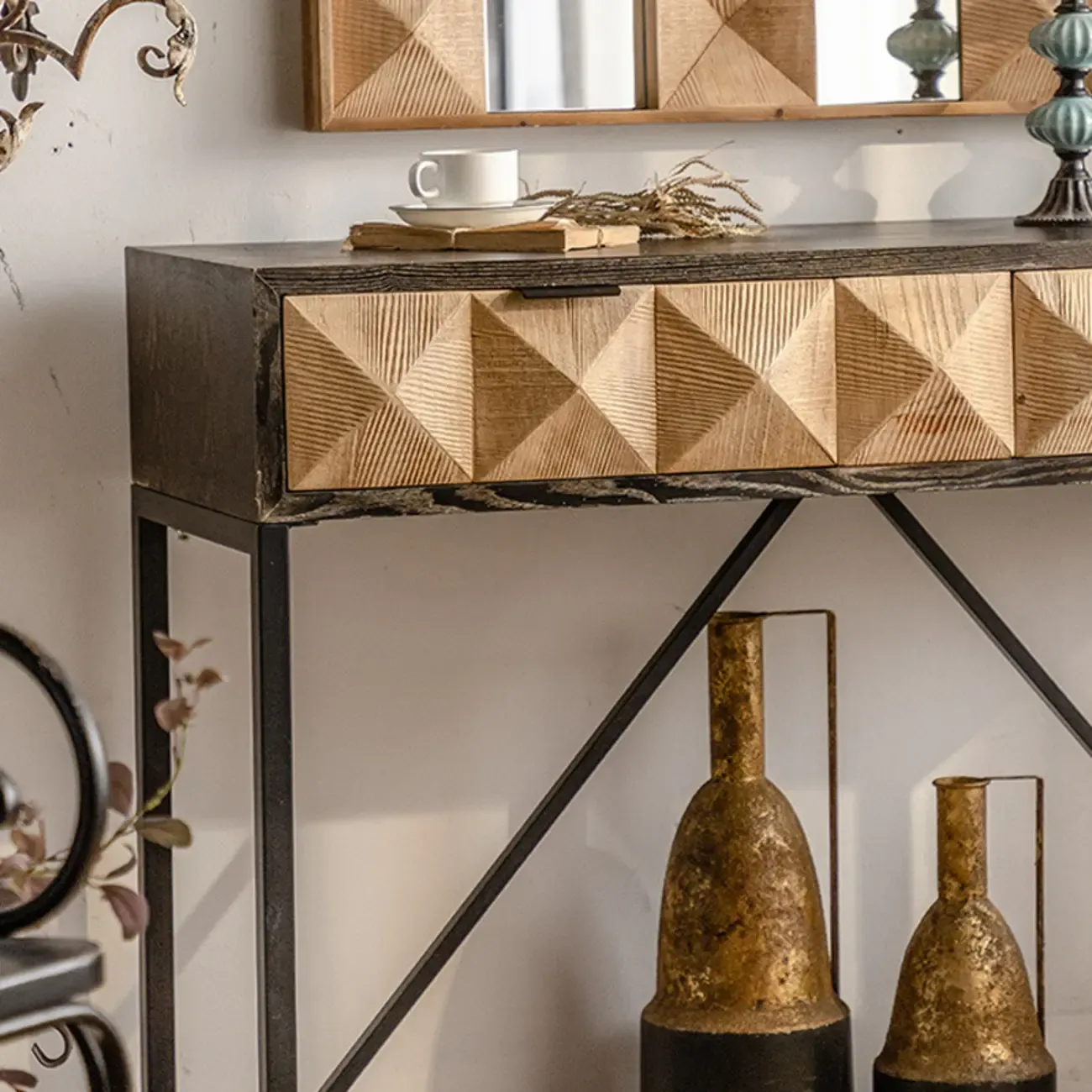 Rustic Wooden Console Table with Drawers and Trims Image - 12