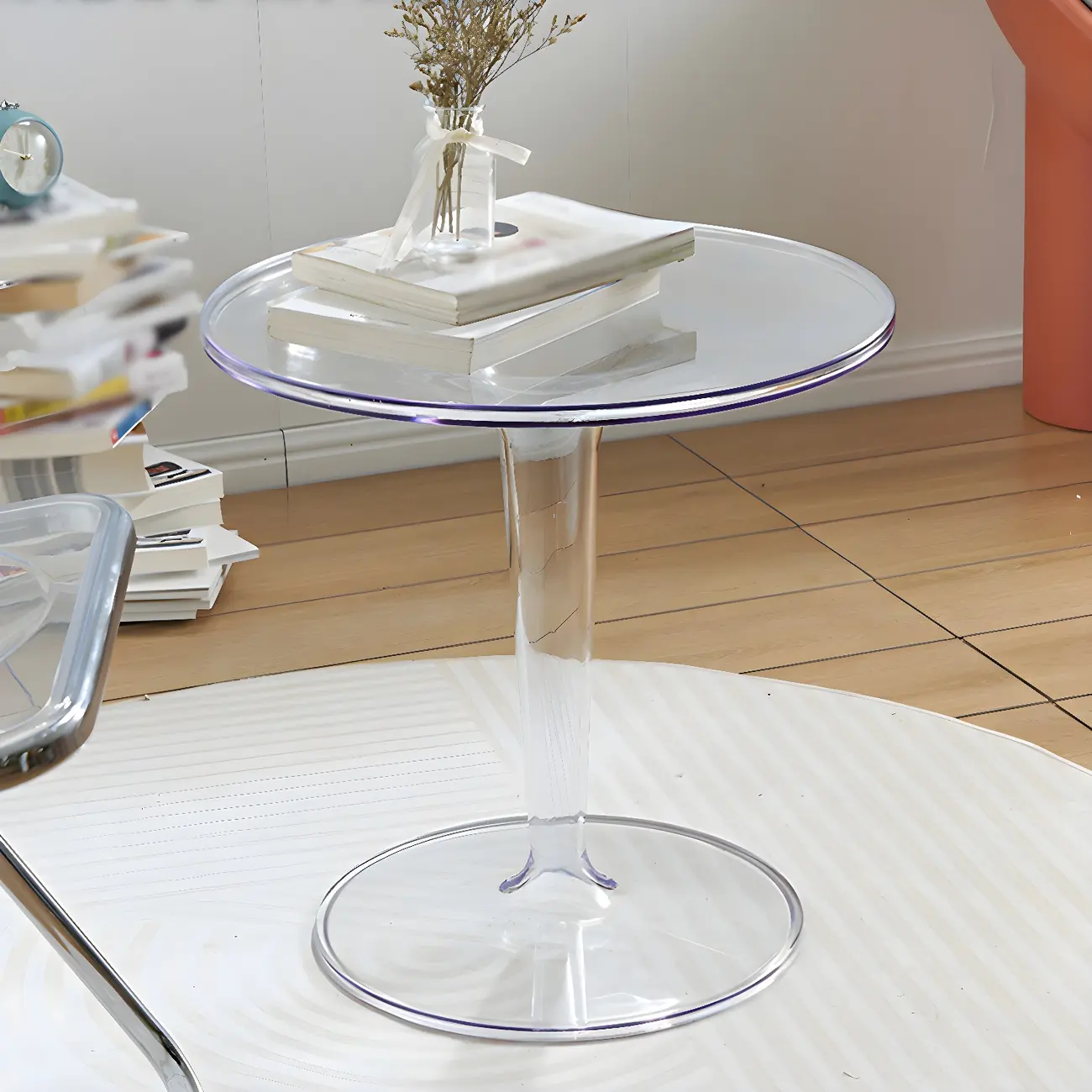 Minimalist Round White Acrylic Side Table for Living Room Image - 9 | homeyfad