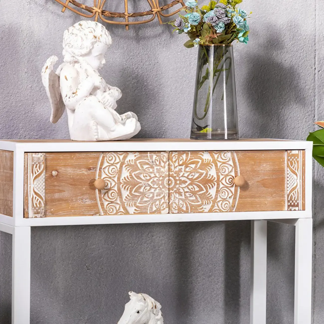 Vintage Wooden Console Table with Drawers and Trestle Base Image - 4