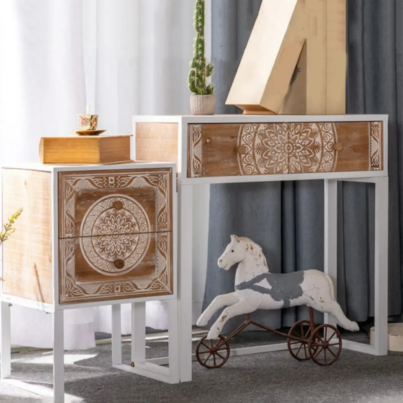 Vintage Wooden Console Table with Drawers and Trestle Base Image - 6