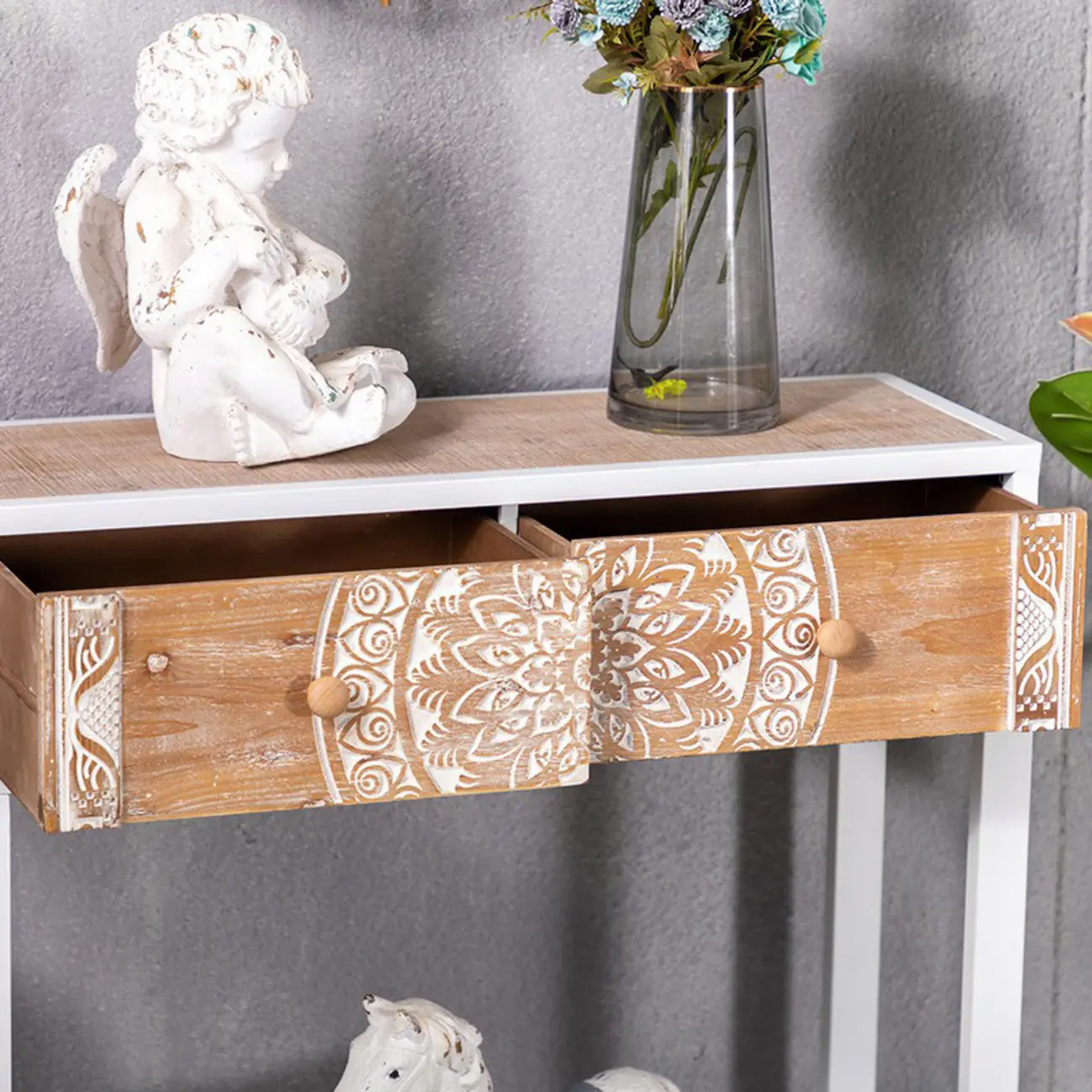 Vintage Wooden Console Table with Drawers and Trestle Base Image - 8 | homeyfad
