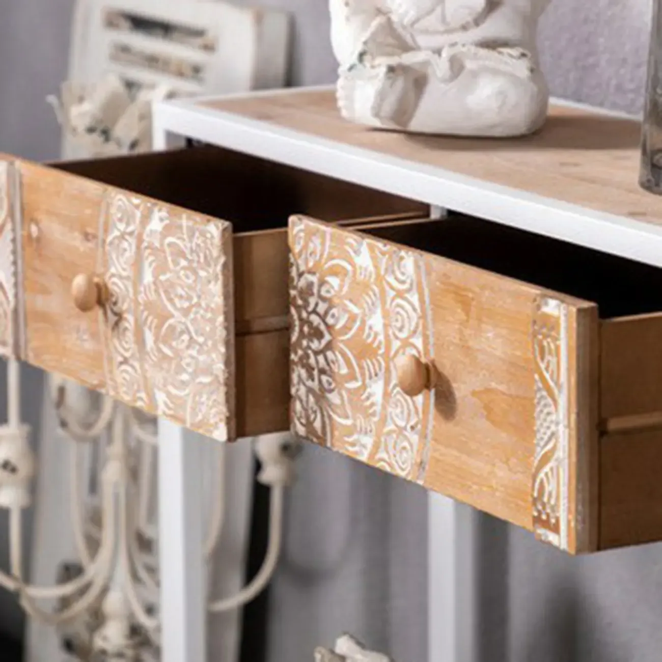 Vintage Wooden Console Table with Drawers and Trestle Base Image - 10