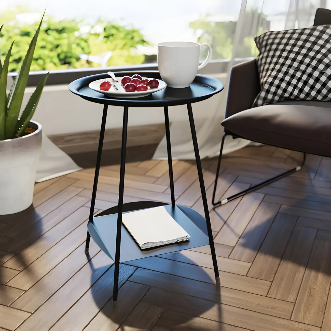 2-Tier Black Metal Side Table with Tray Top and Storage Image - 16