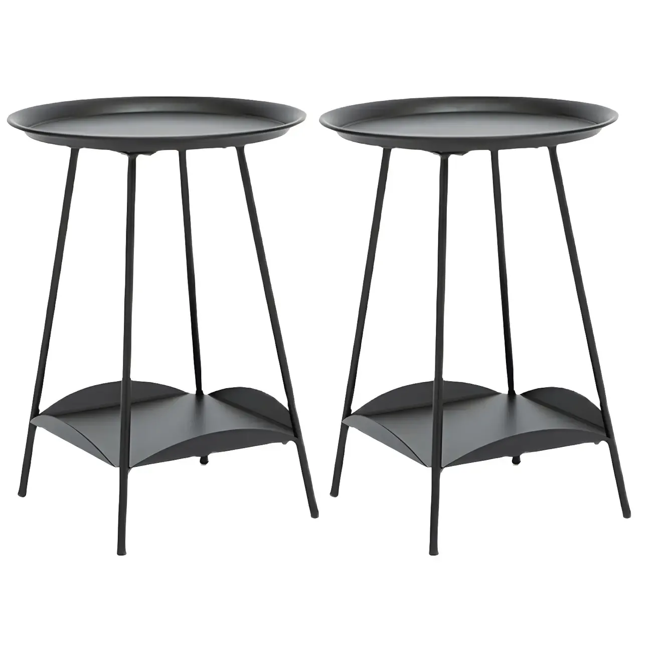 2-Tier Black Metal Side Table with Tray Top and Storage Image - 2