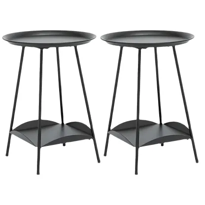 2-Tier Black Metal Side Table with Tray Top and Storage Image - 2