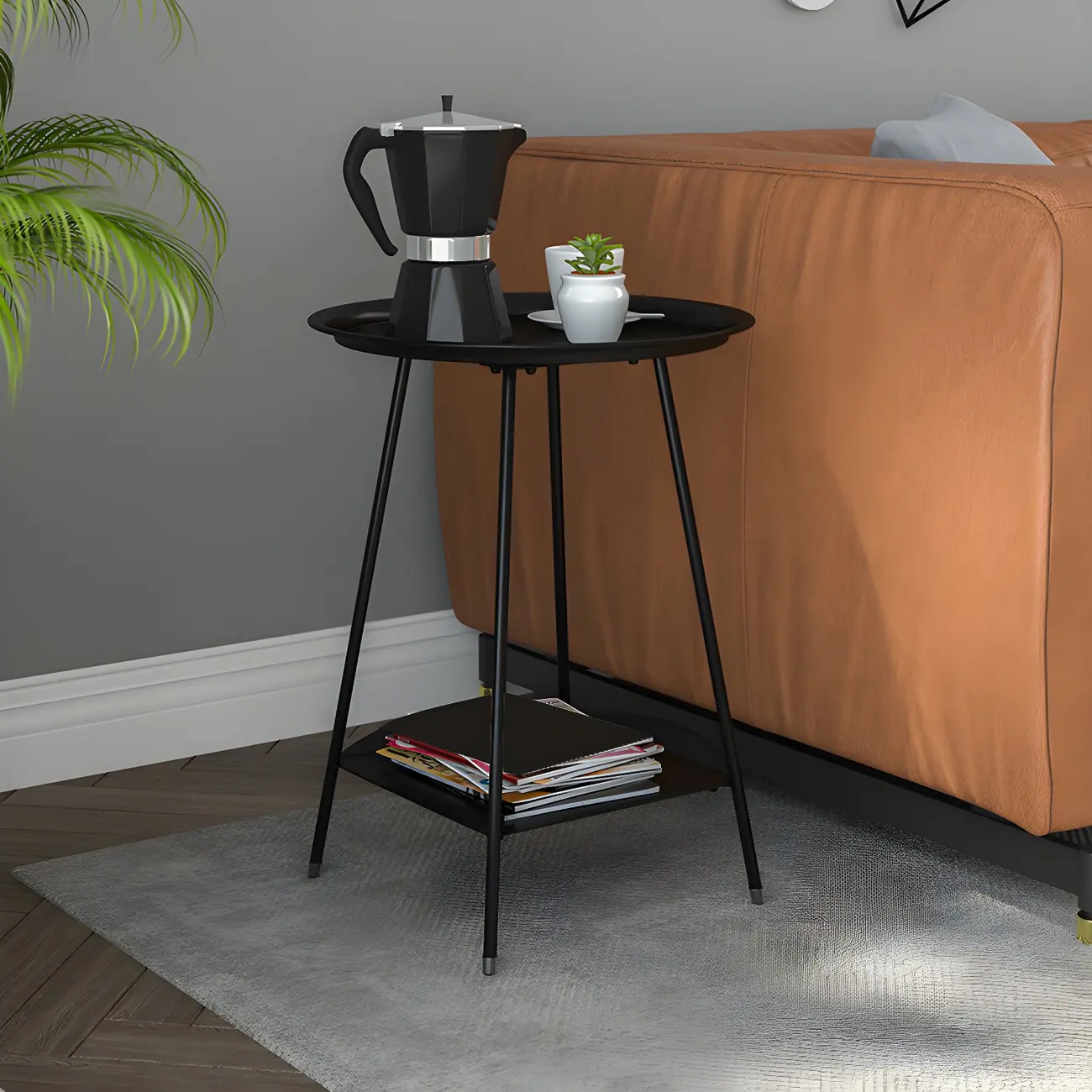 2-Tier Black Metal Side Table with Tray Top and Storage Image - 3 | homeyfad