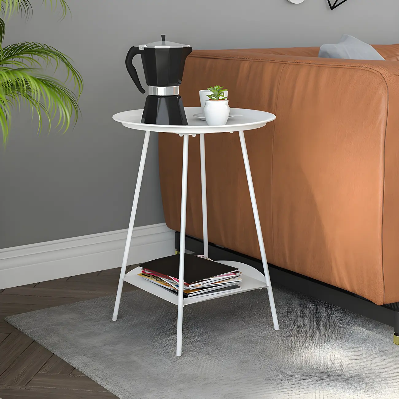 2-Tier Black Metal Side Table with Tray Top and Storage Image - 5 | homeyfad