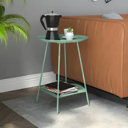 2-Tier Black Metal Side Table with Tray Top and Storage Image - 11
