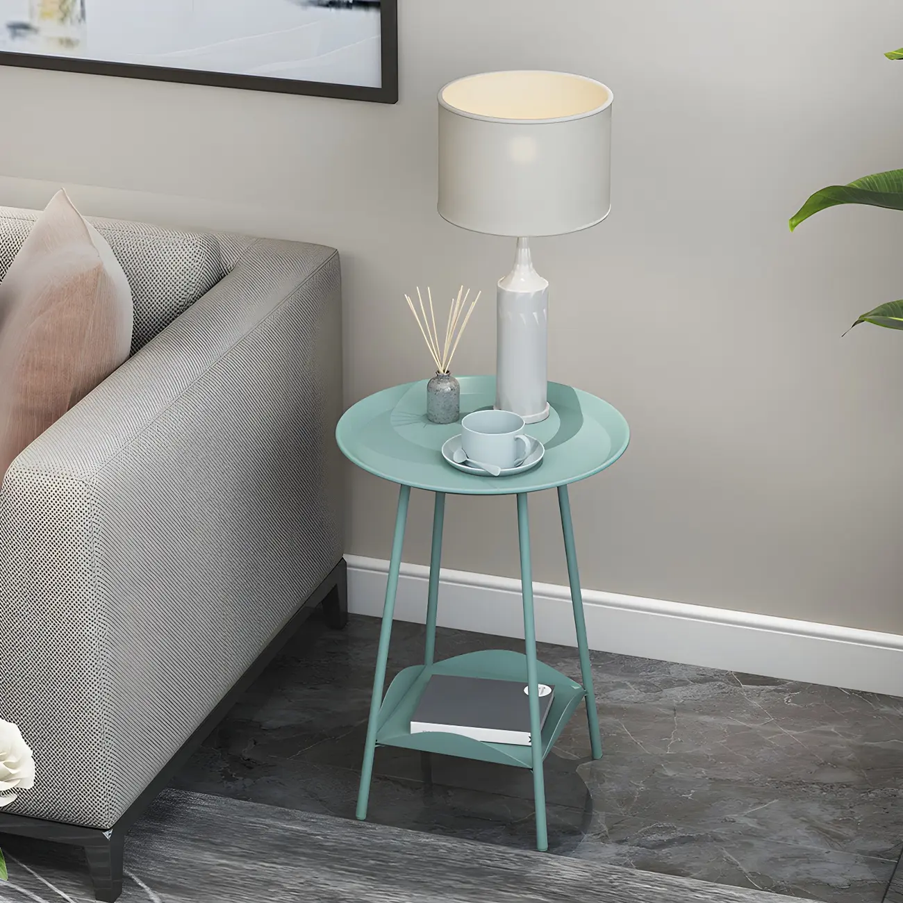 2-Tier Black Metal Side Table with Tray Top and Storage Image - 12 | homeyfad