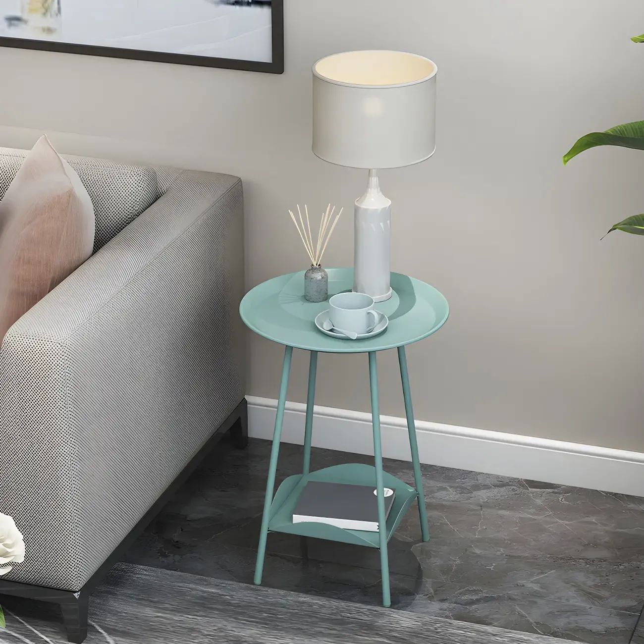 2-Tier Black Metal Side Table with Tray Top and Storage Image - 12