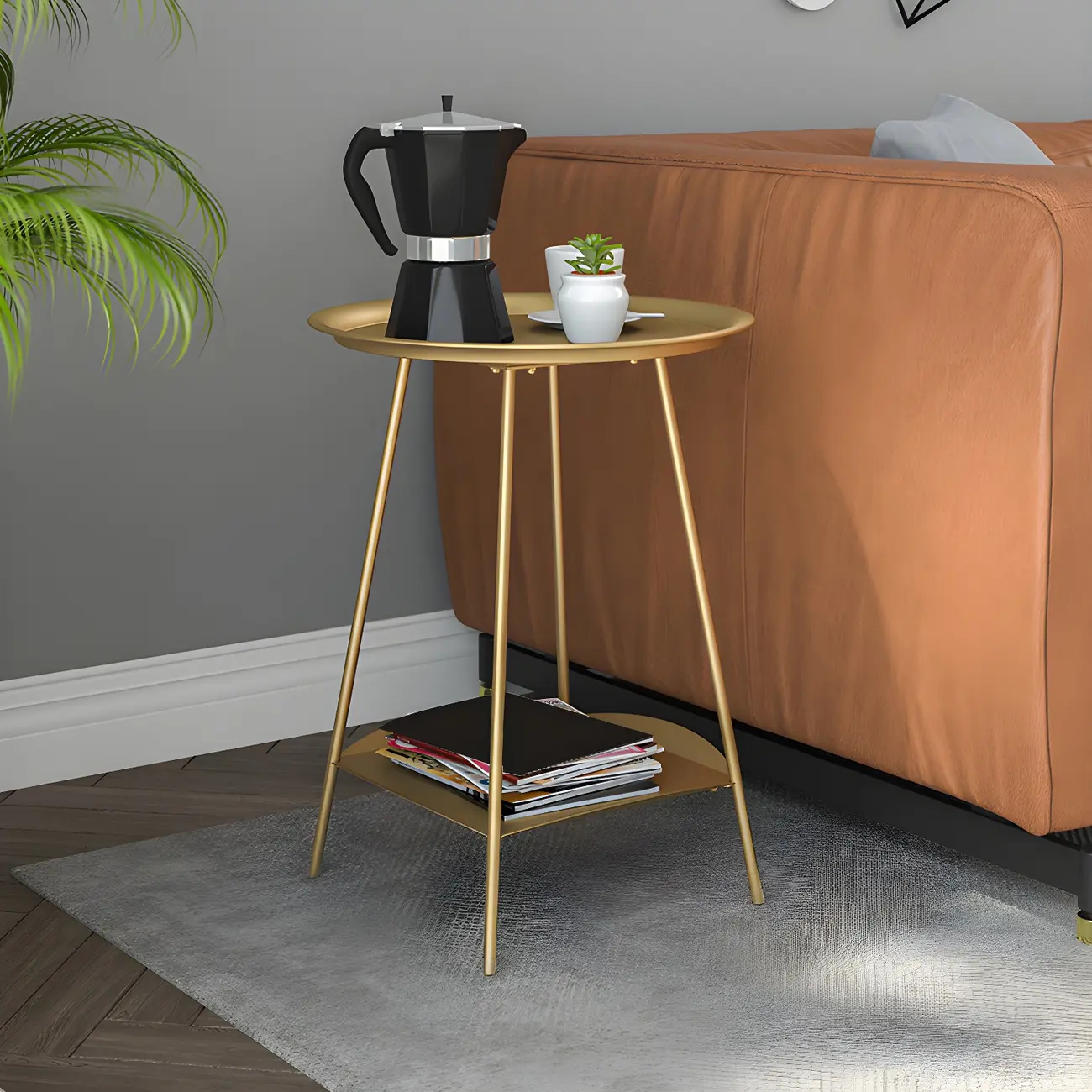 2-Tier Black Metal Side Table with Tray Top and Storage Image - 14 | homeyfad