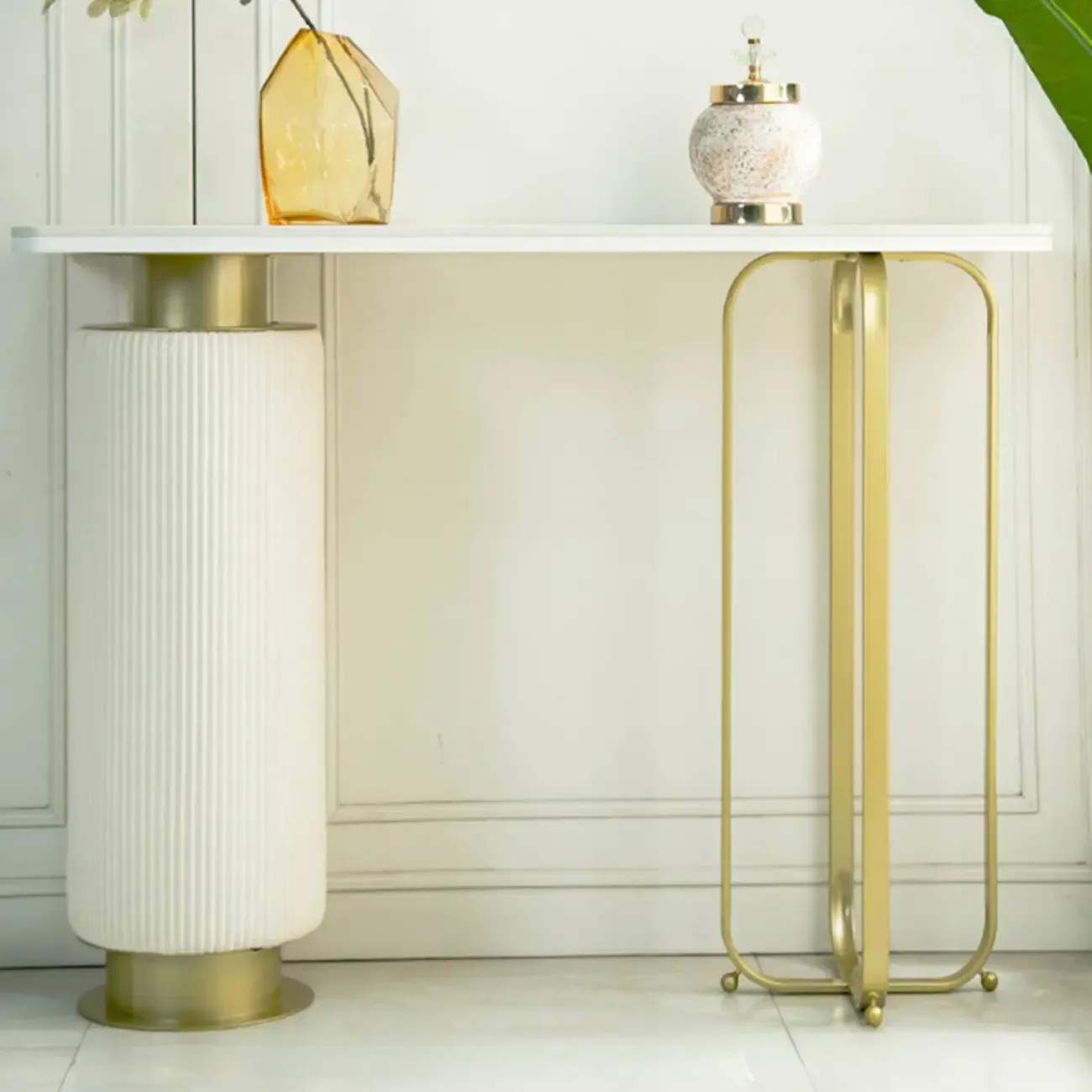 Glam White Stone Top Console Table with Abstract Base Image - 1