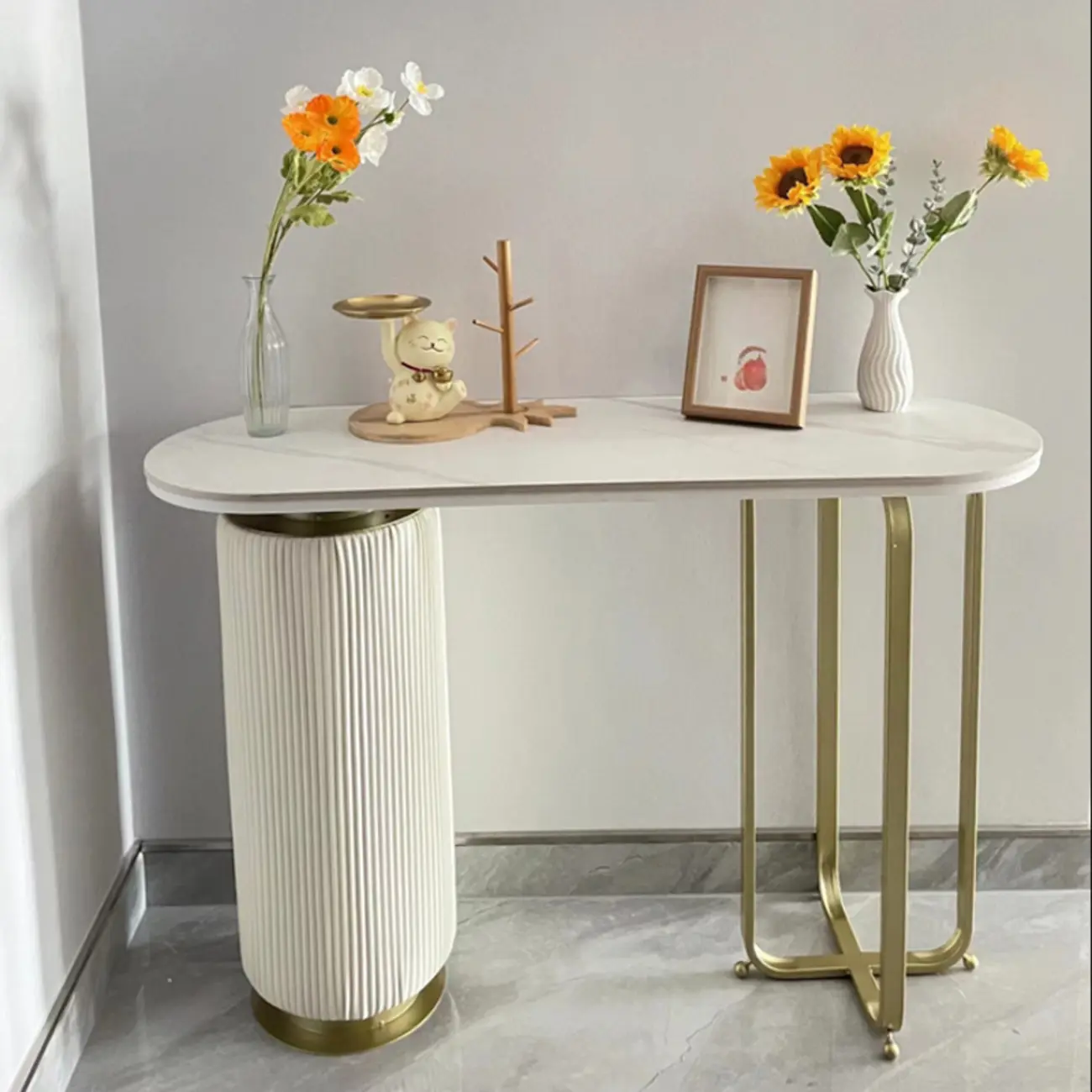 Glam White Stone Top Console Table with Abstract Base Image - 3 | homeyfad