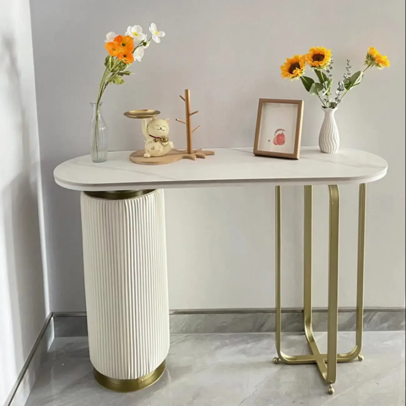 Glam White Stone Top Console Table with Abstract Base Image - 3
