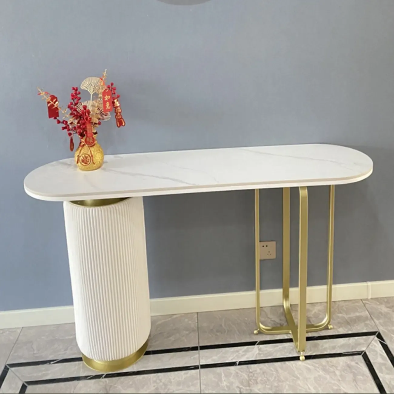 Glam White Stone Top Console Table with Abstract Base Image - 4