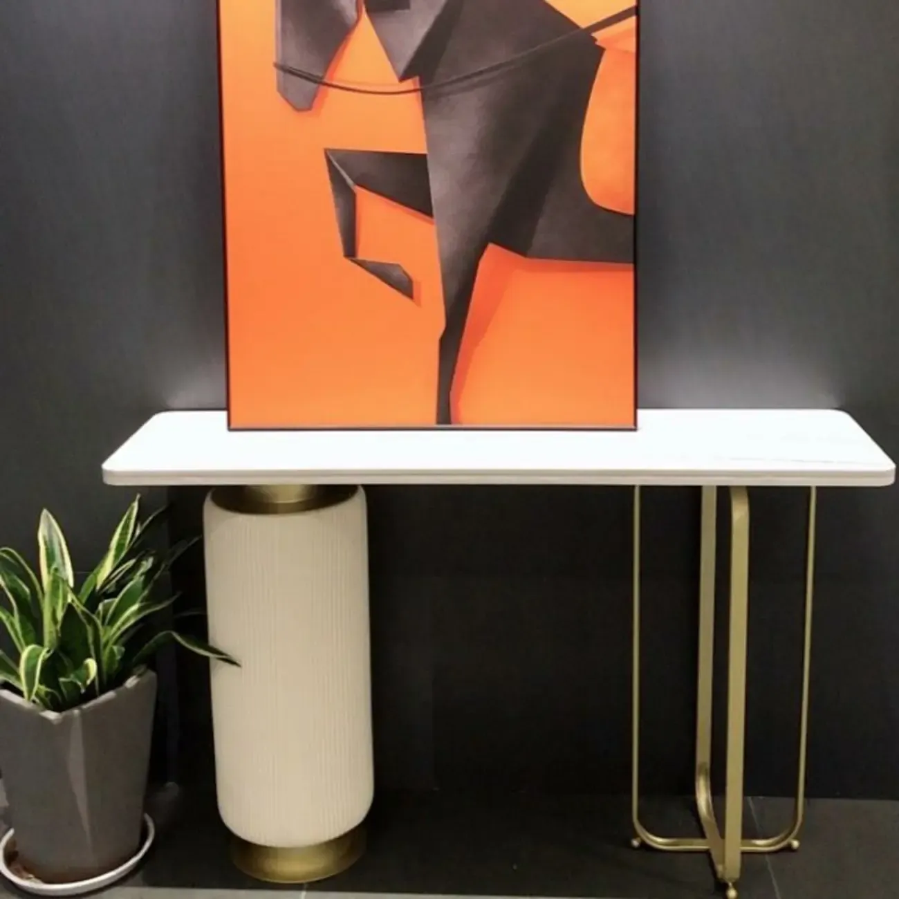 Glam White Stone Top Console Table with Abstract Base Image - 5