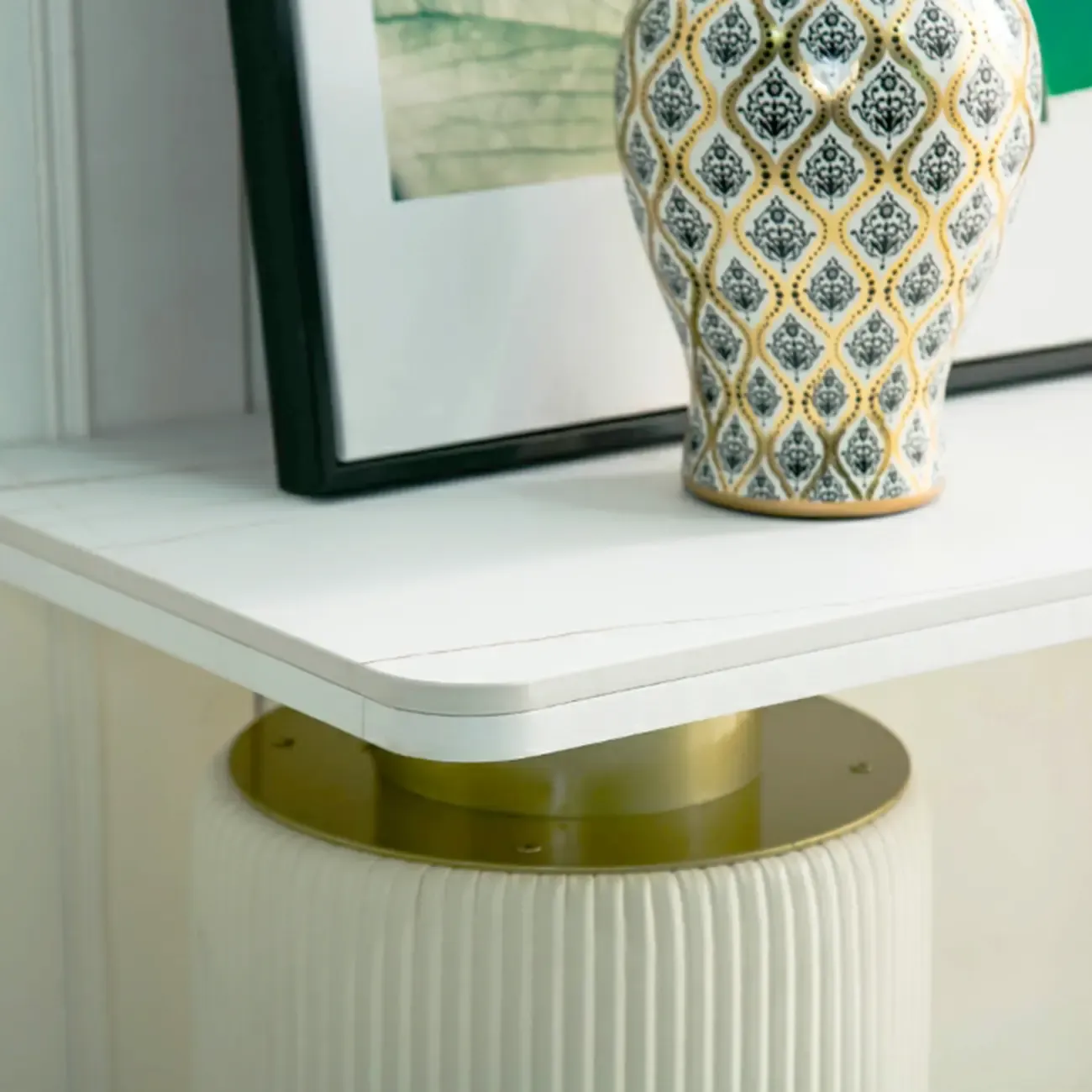 Glam White Stone Top Console Table with Abstract Base Image - 6