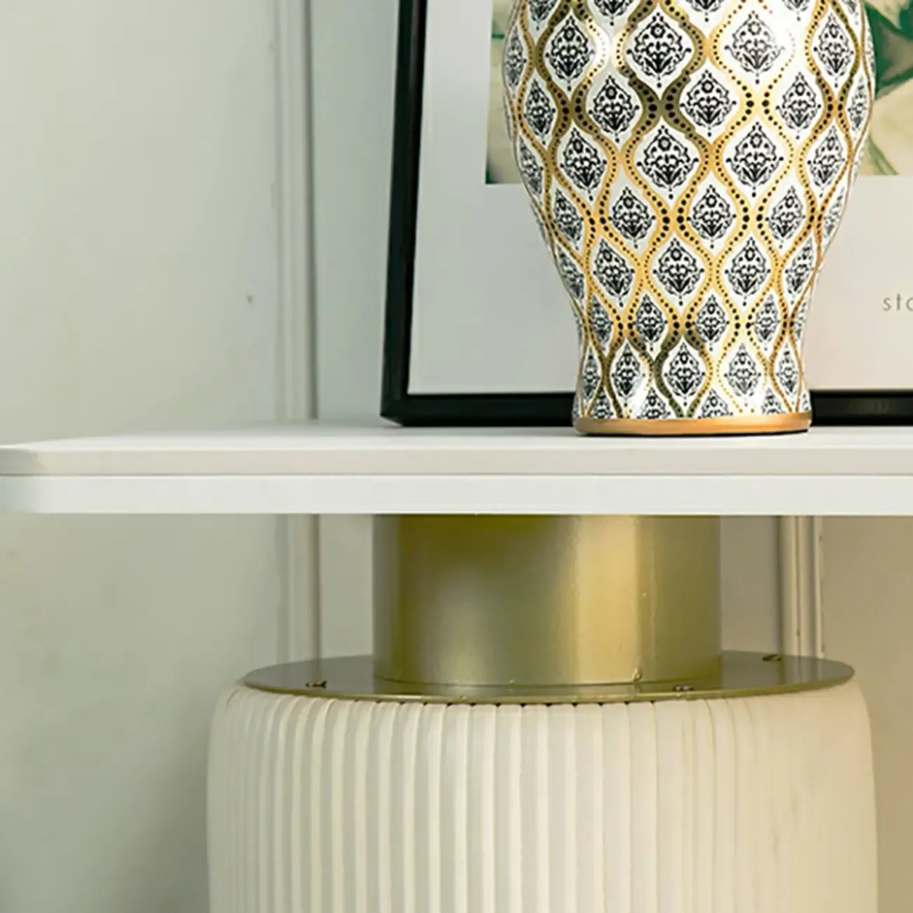 Glam White Stone Top Console Table with Abstract Base Image - 9