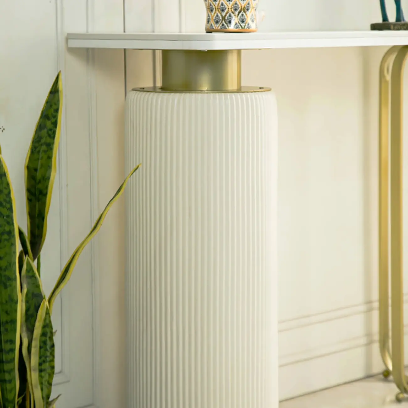 Glam White Stone Top Console Table with Abstract Base Image - 10 | homeyfad