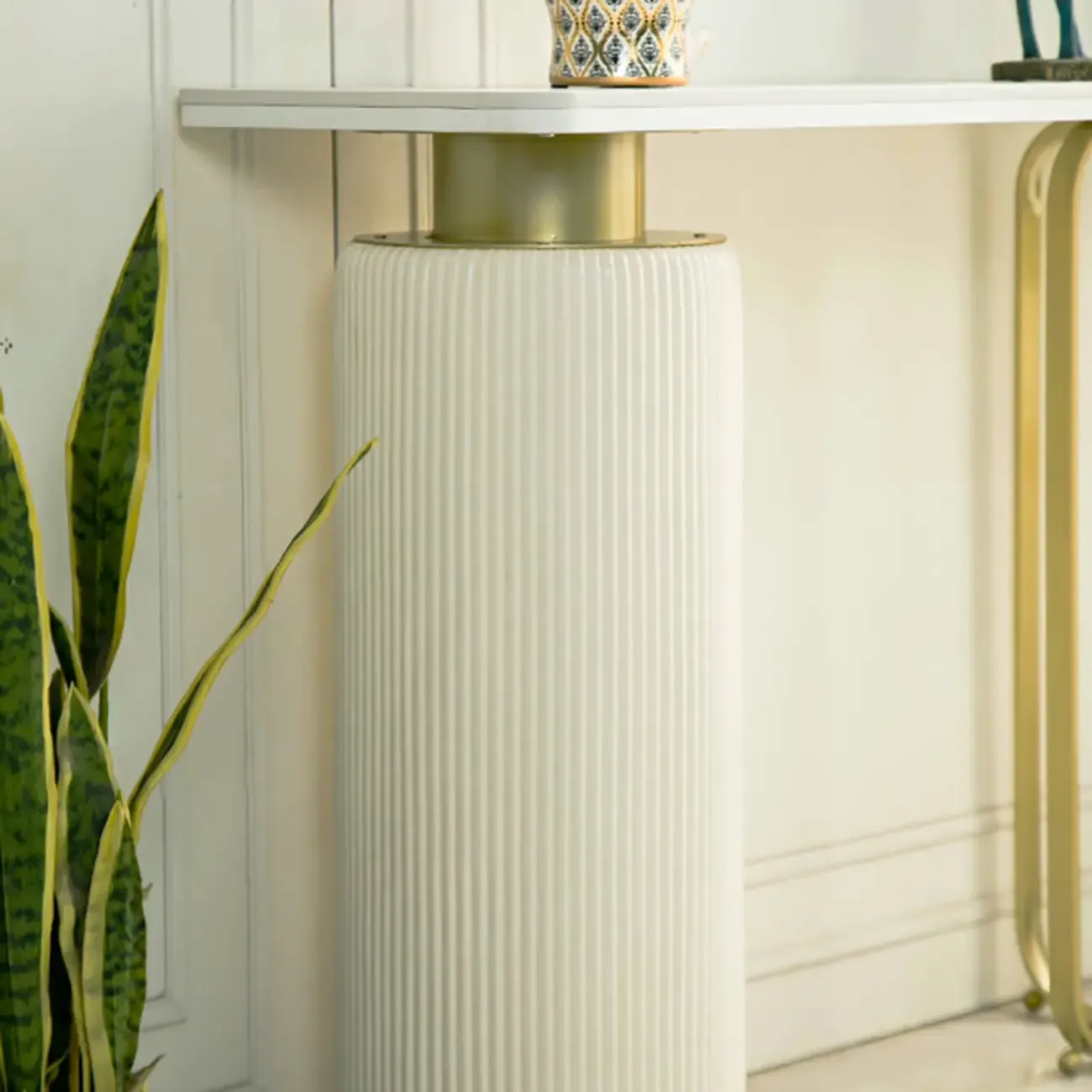 Glam White Stone Top Console Table with Abstract Base Image - 10