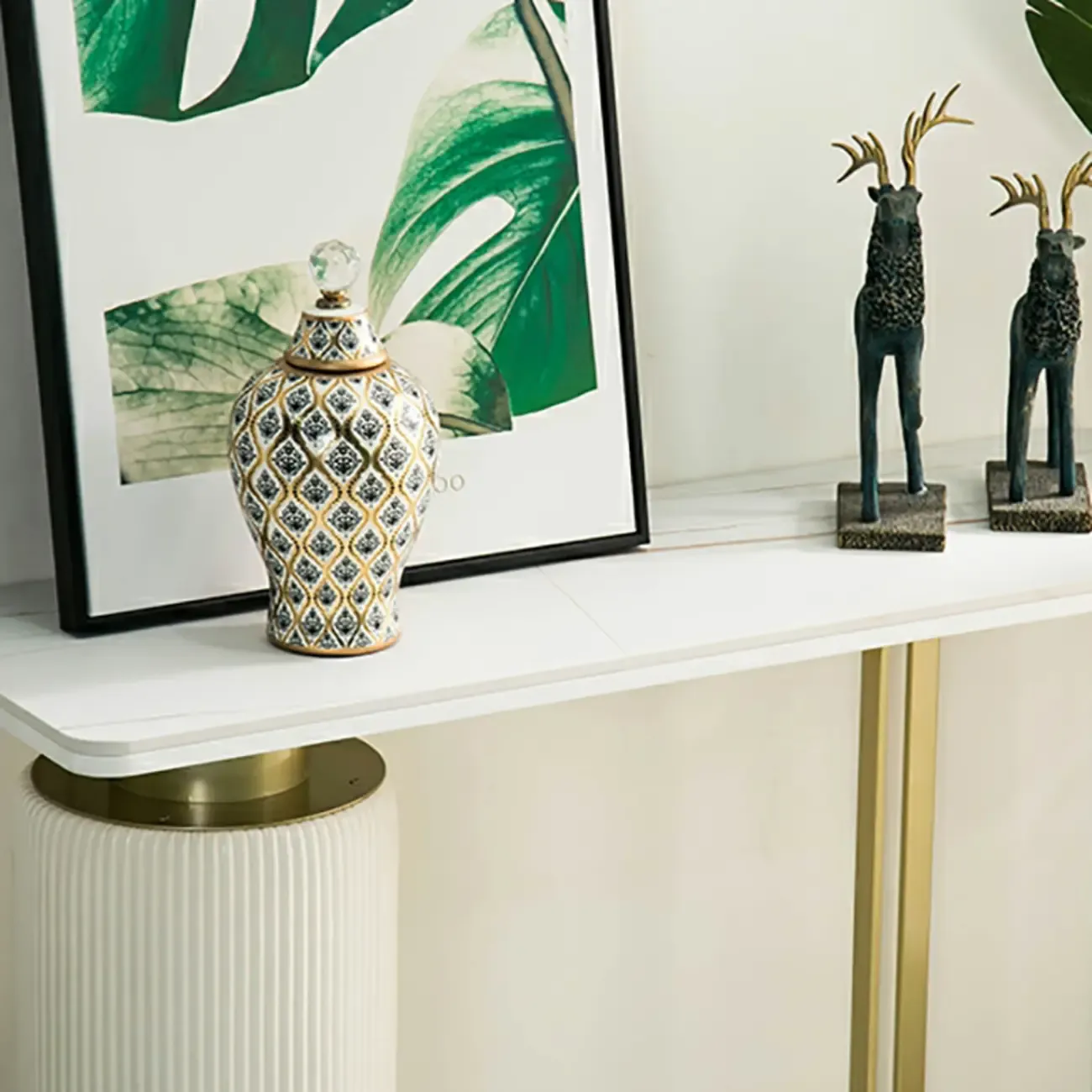 Glam White Stone Top Console Table with Abstract Base Image - 12