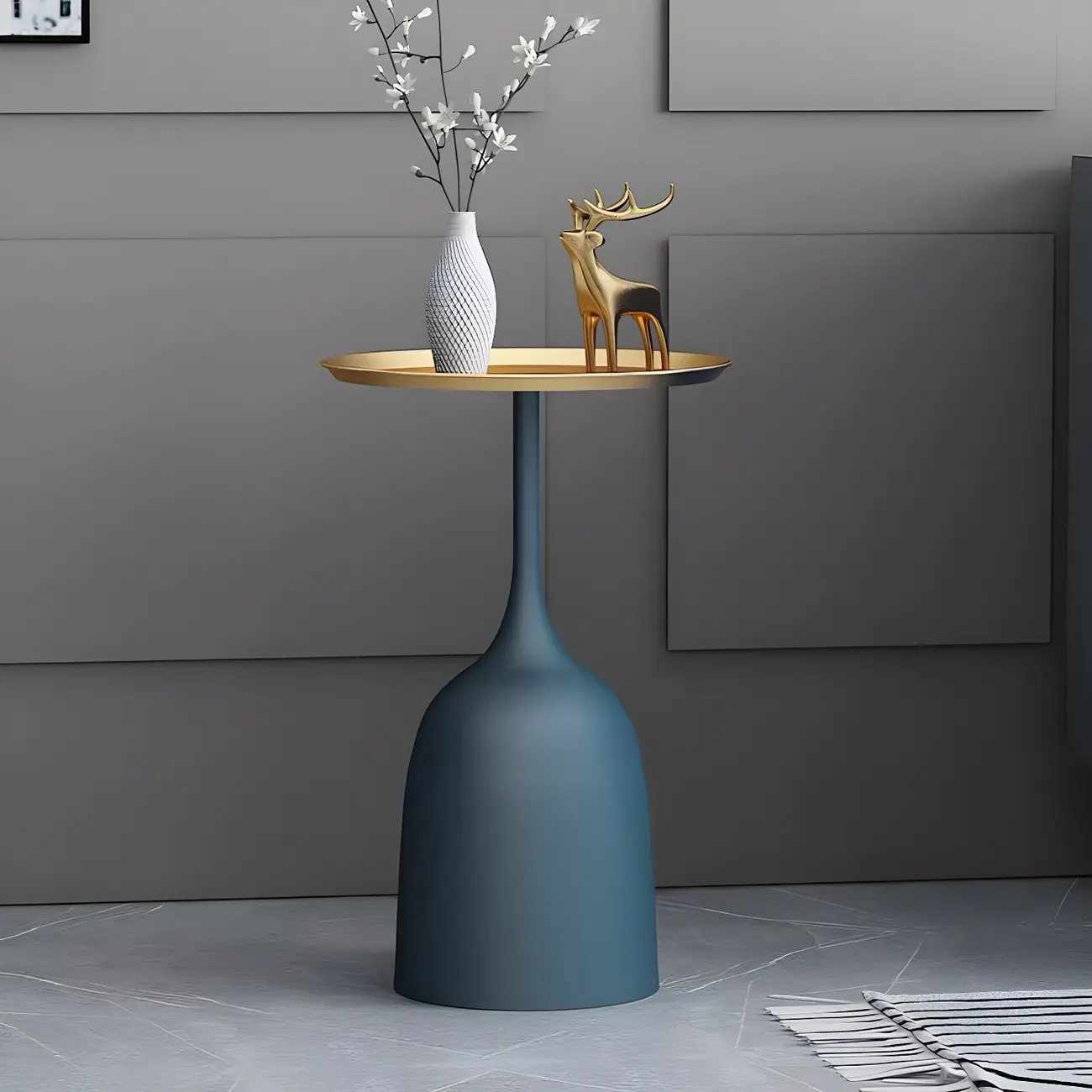 Round Blue Metal side Table with Tray Top for Living Room