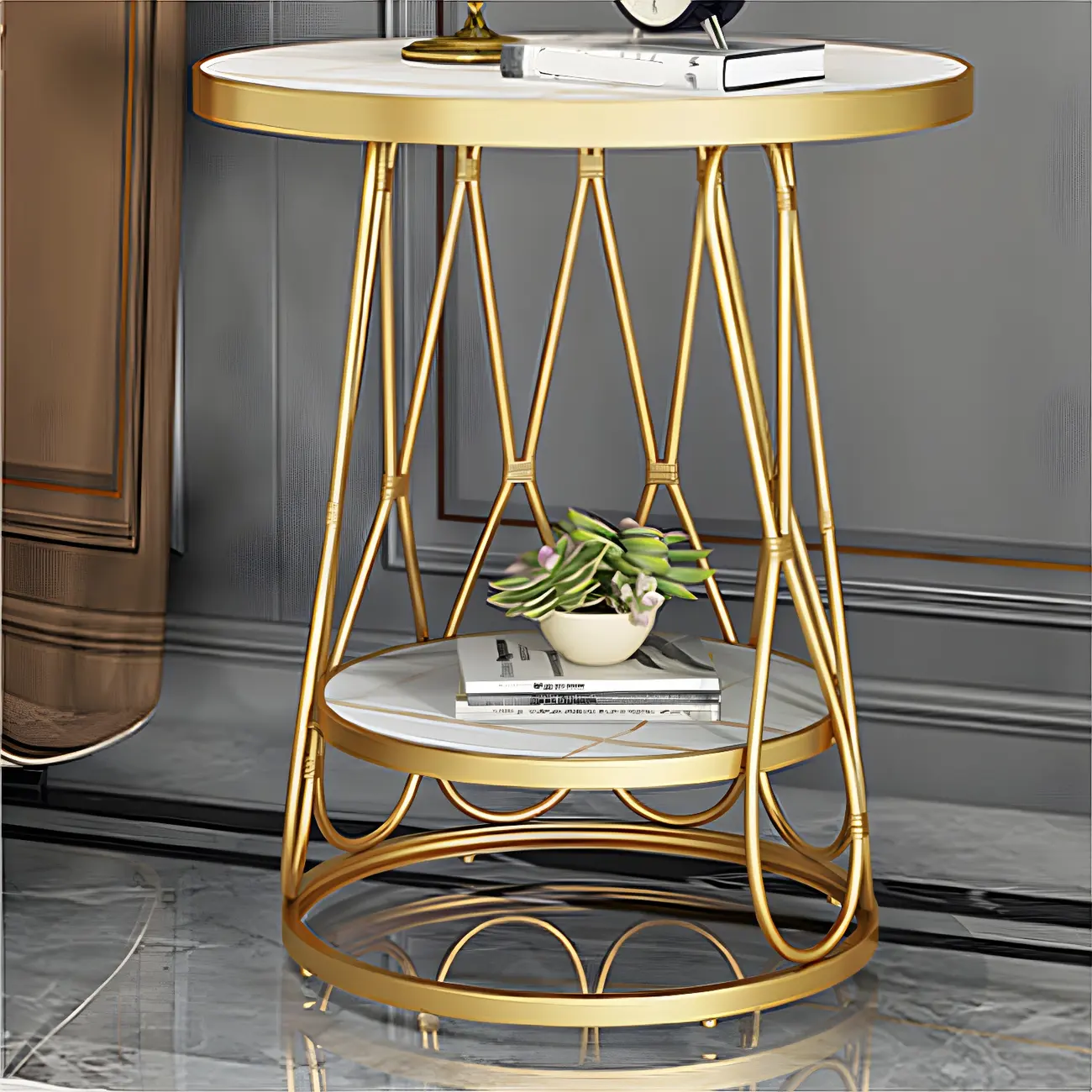 Round Gold Marble End Table with Storage for Living Room Image - 3 | homeyfad