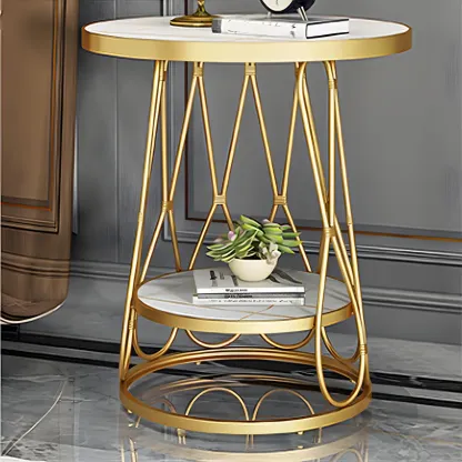 Round Gold Marble End Table with Storage for Living Room Image - 3