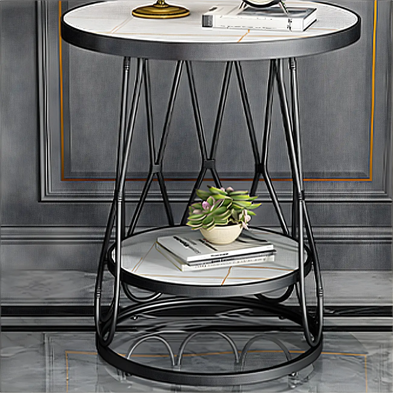 Round Gold Marble End Table with Storage for Living Room Image - 4 | homeyfad