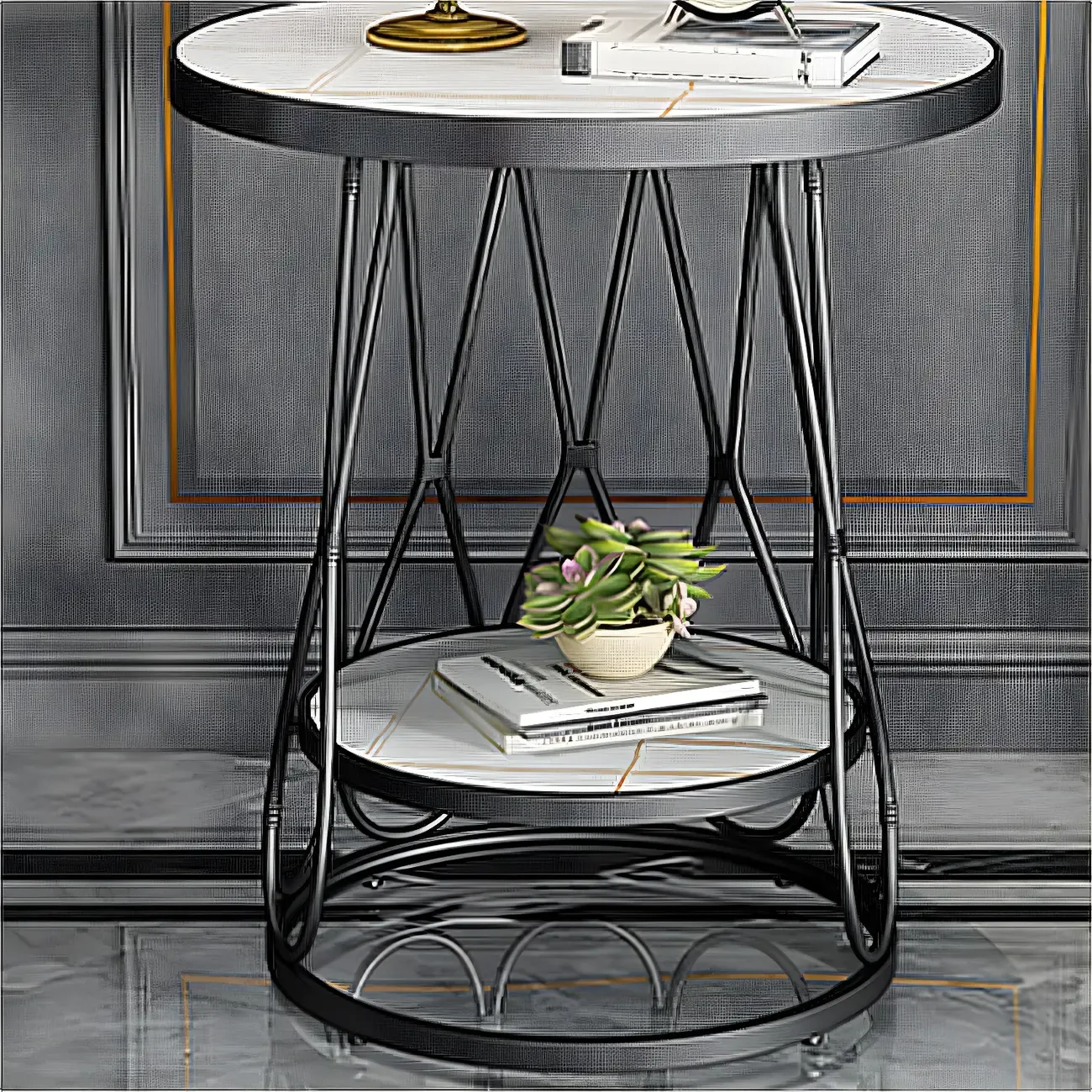 Round Gold Marble End Table with Storage for Living Room Image - 4