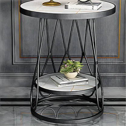 Round Gold Marble End Table with Storage for Living Room Image - 4