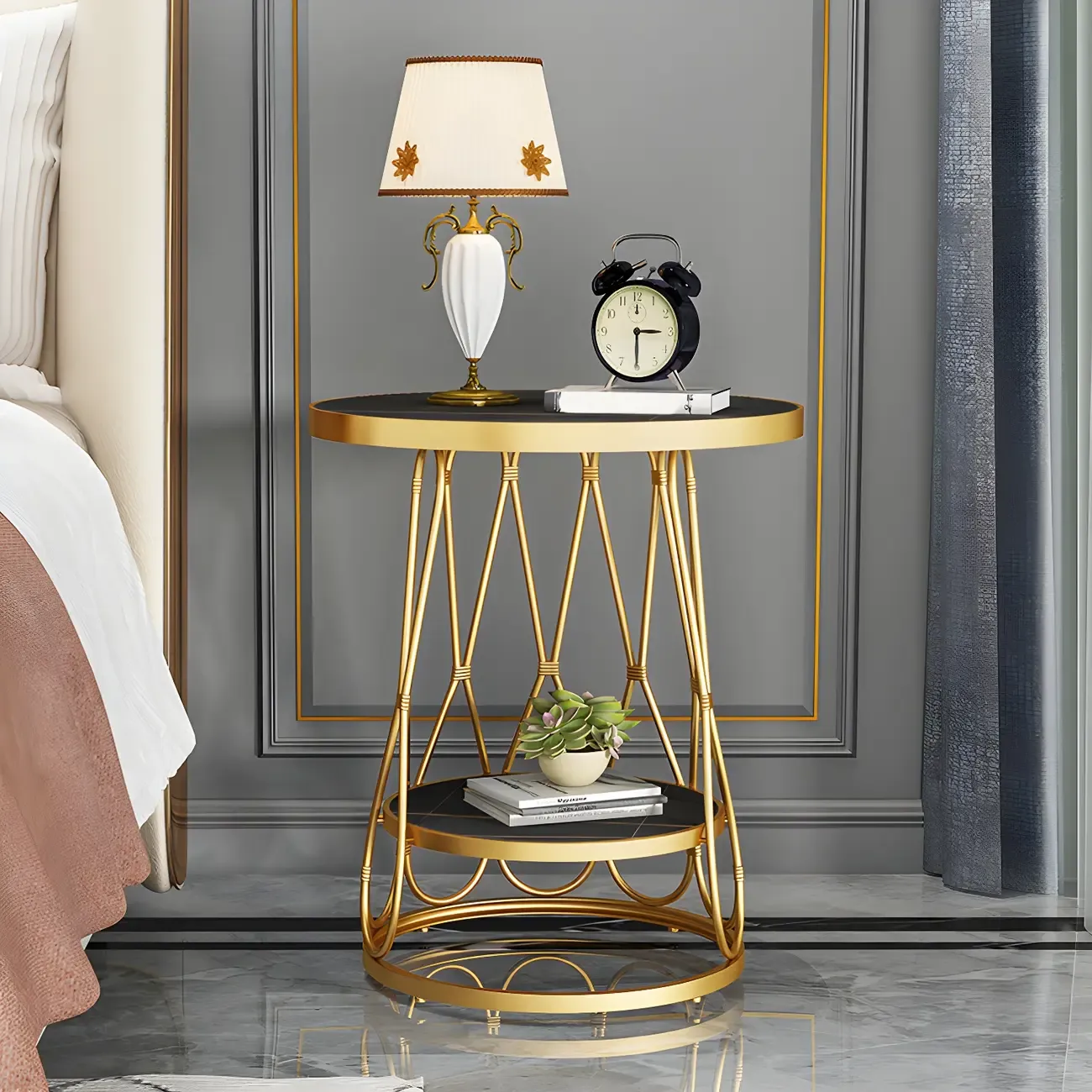 Round Gold Marble End Table with Storage for Living Room Image - 5