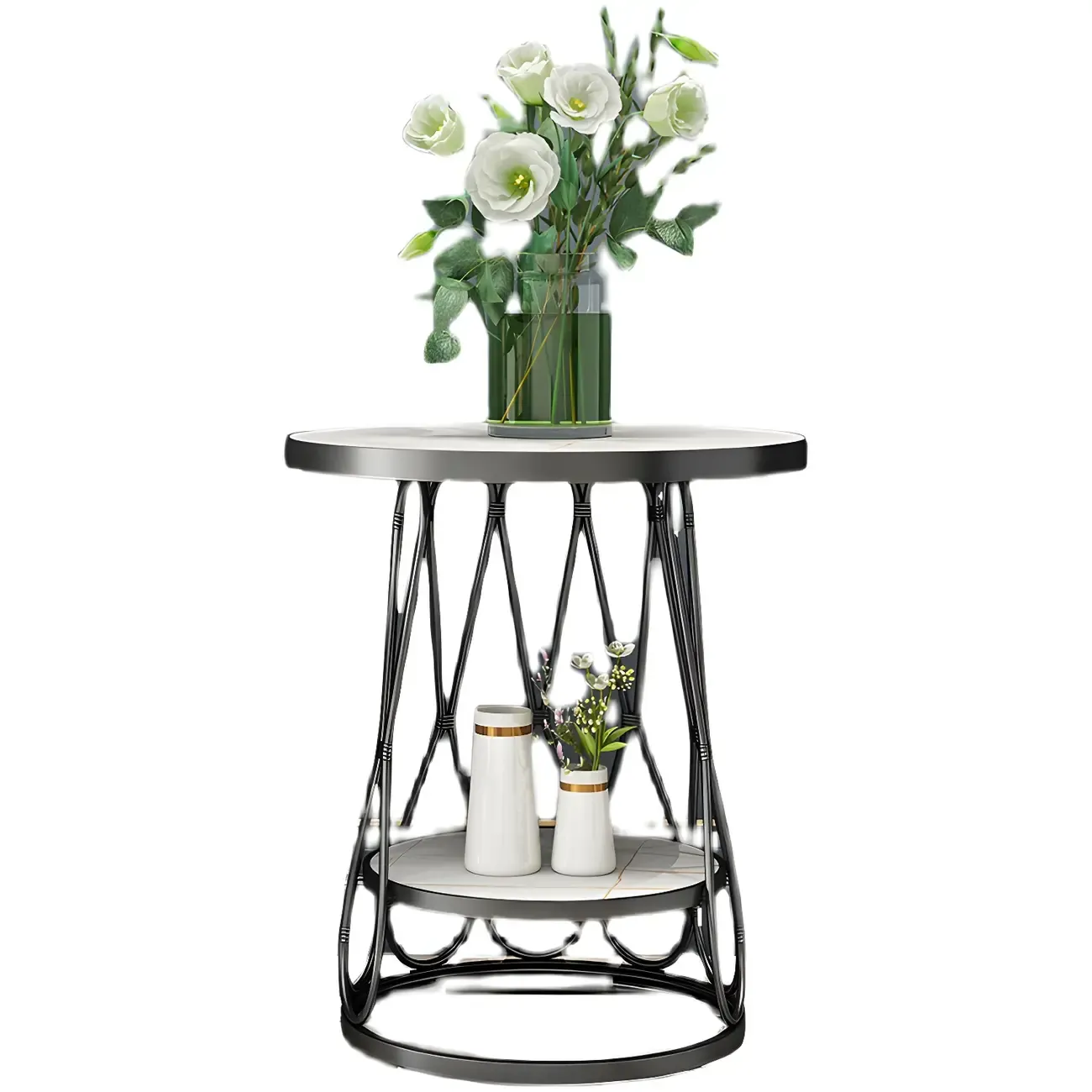 Round Gold Marble End Table with Storage for Living Room Image - 7