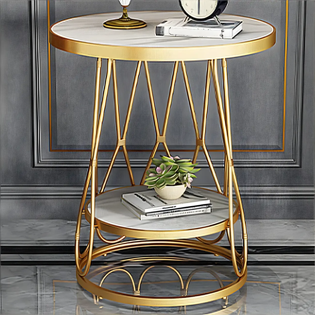 Round Gold Marble End Table with Storage for Living Room Image - 13