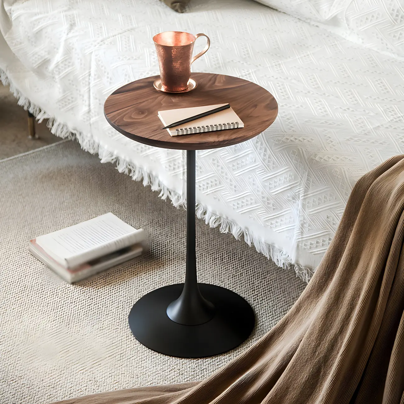 Minimalist Round Brown Wood End Table with Metal Base Image - 15 | homeyfad
