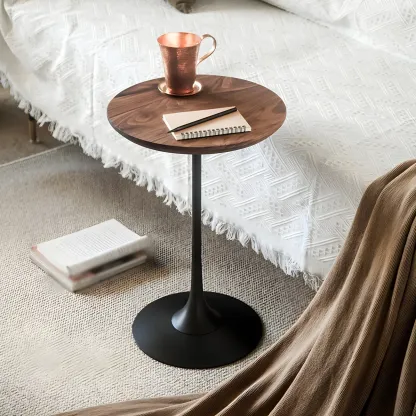 Minimalist Round Brown Wood End Table with Metal Base Image - 15