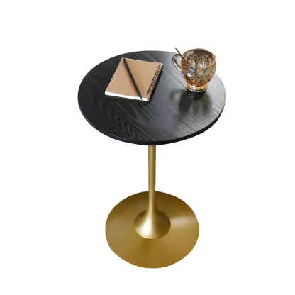 Minimalist Round Brown Wood End Table with Metal Base Image - 2