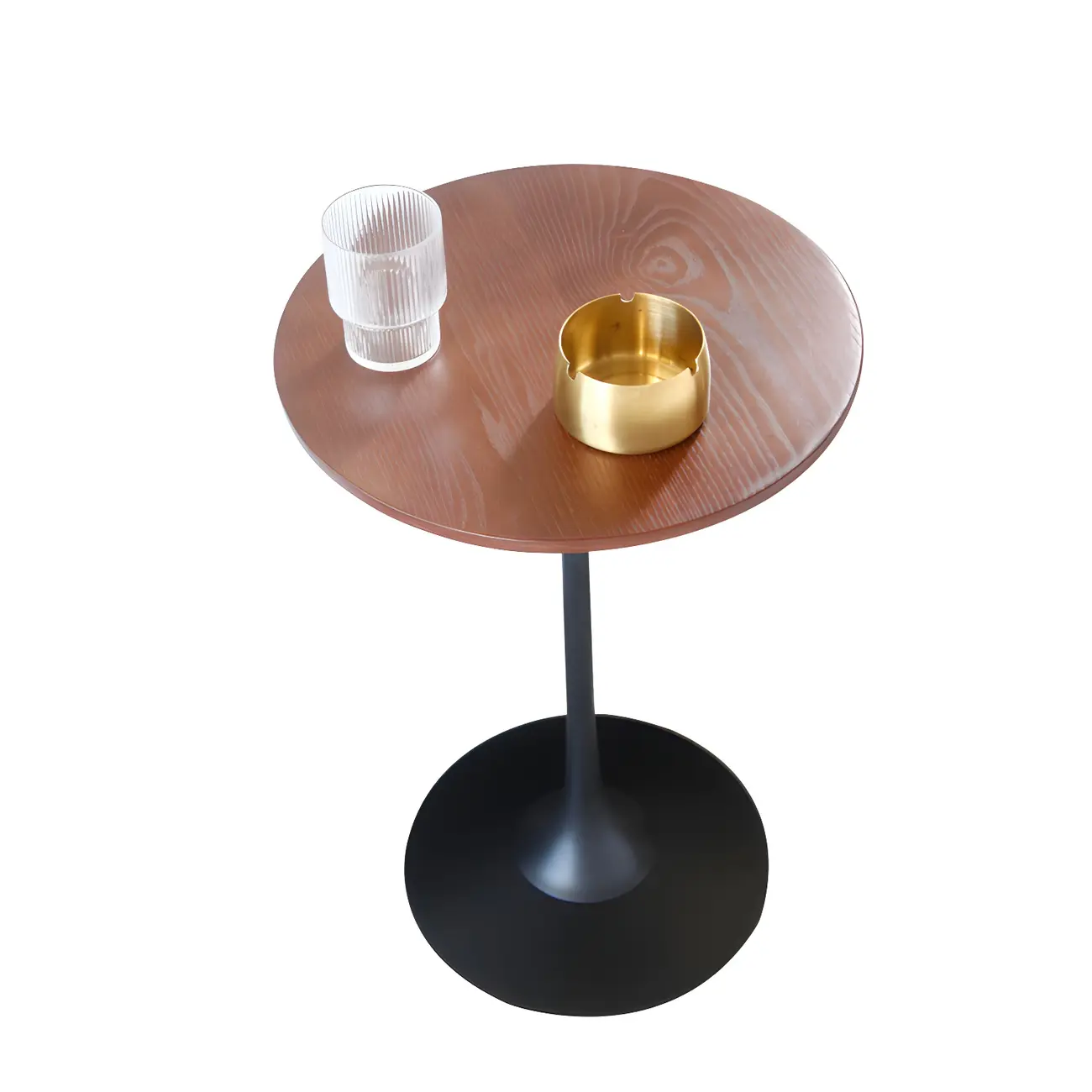 Minimalist Round Brown Wood End Table with Metal Base Image - 3 | homeyfad