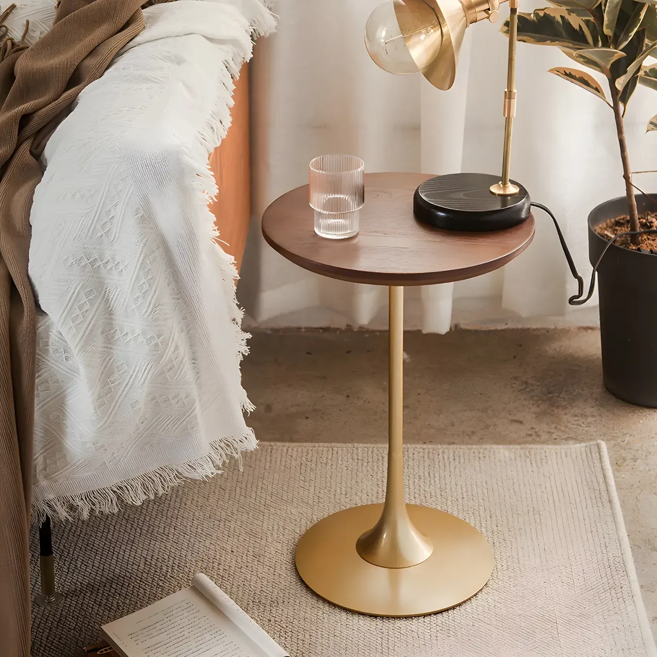 Minimalist Round Brown Wood End Table with Metal Base