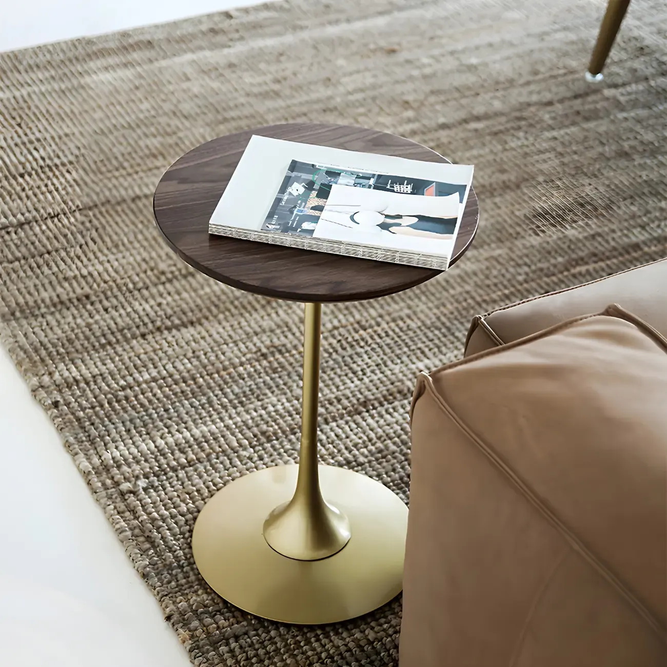 Minimalist Round Brown Wood End Table with Metal Base
