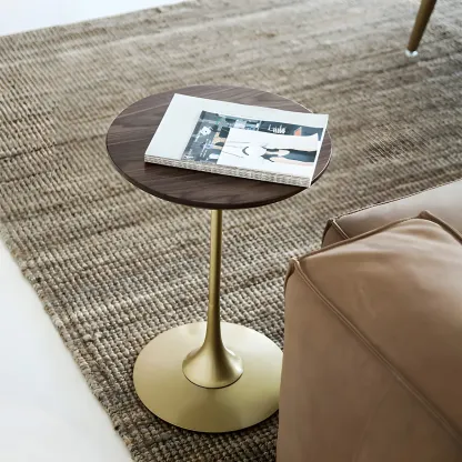 Minimalist Round Brown Wood End Table with Metal Base