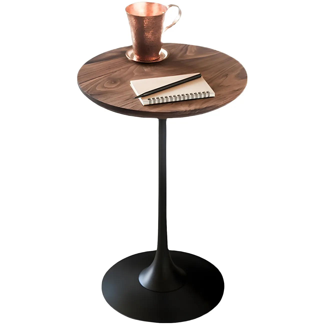 Minimalist Round Brown Wood End Table with Metal Base Image - 8 | homeyfad